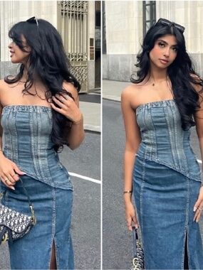 Zara denim strapless midi denim dress blue size XS